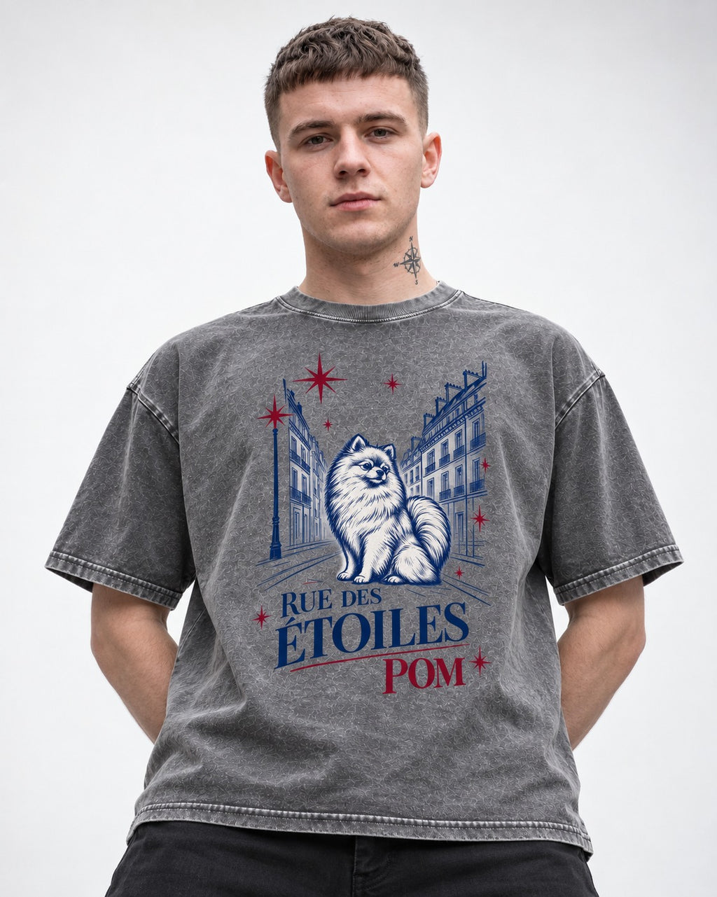 Pomeranian Among the Stars Washed Tee in Gray, worn by a model