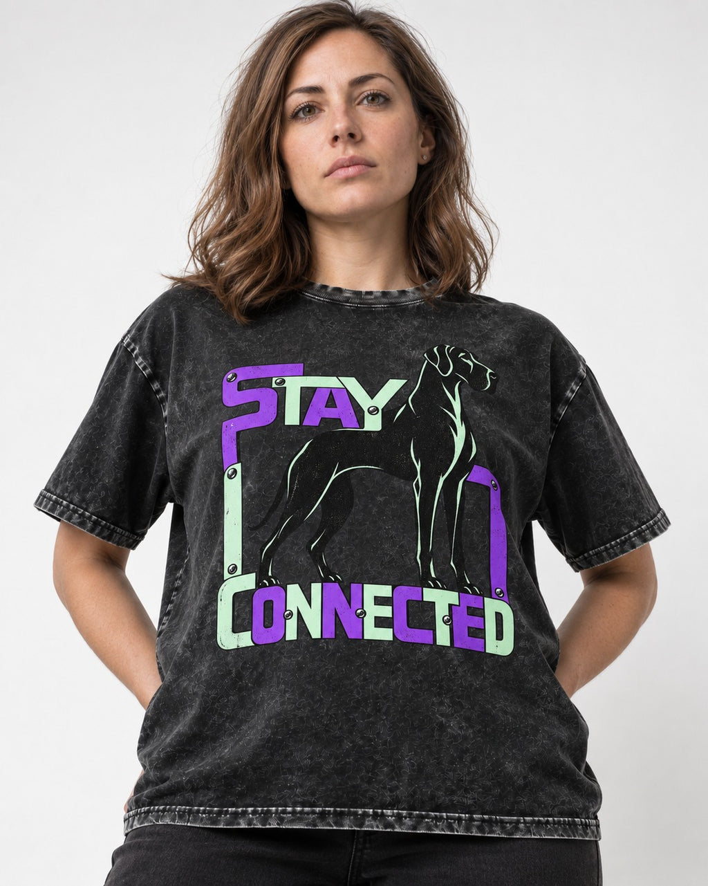 Great Dane Stay Connected Modular Frame Graphic Washed Tee in Black, worn by a model