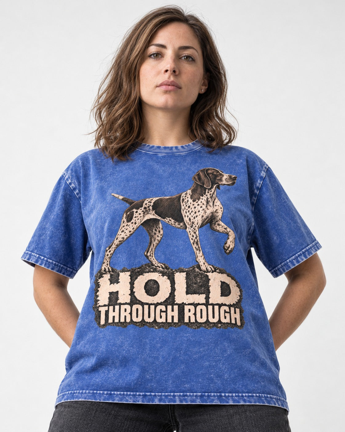 German Shorthaired Pointer Hold Through Rough Vintage Graphic Washed Tee in Royal Blue, worn by a model