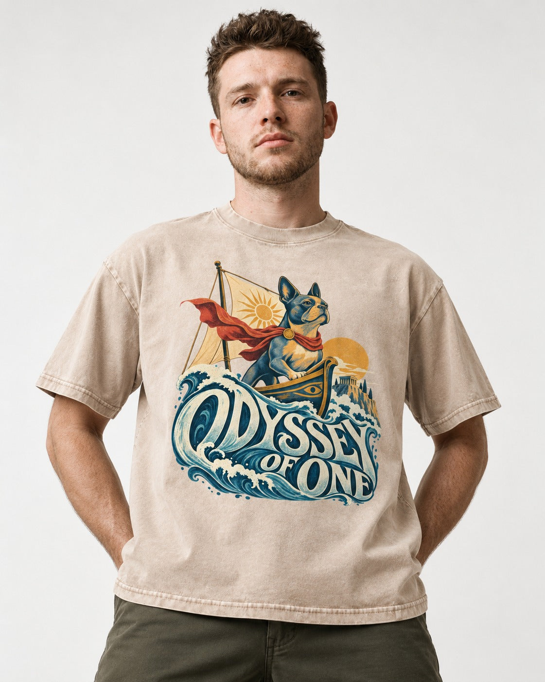 Boston Terrier Odyssey of One Washed Tee in Apricot, worn by a model