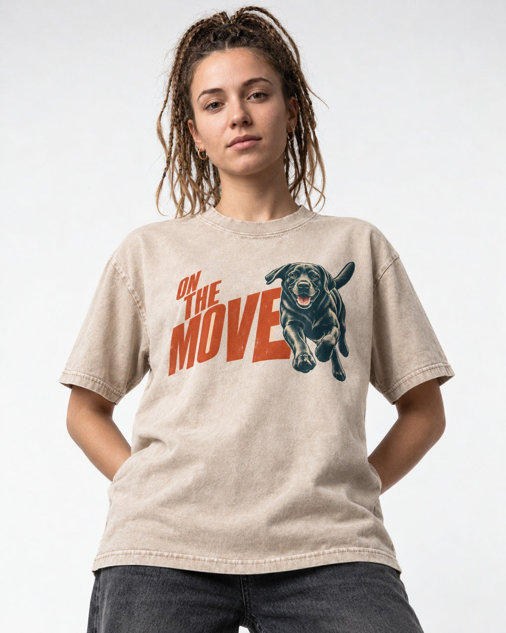 Labrador Retriever On the Move Running Graphic Washed Tee in Apricot, worn by a model