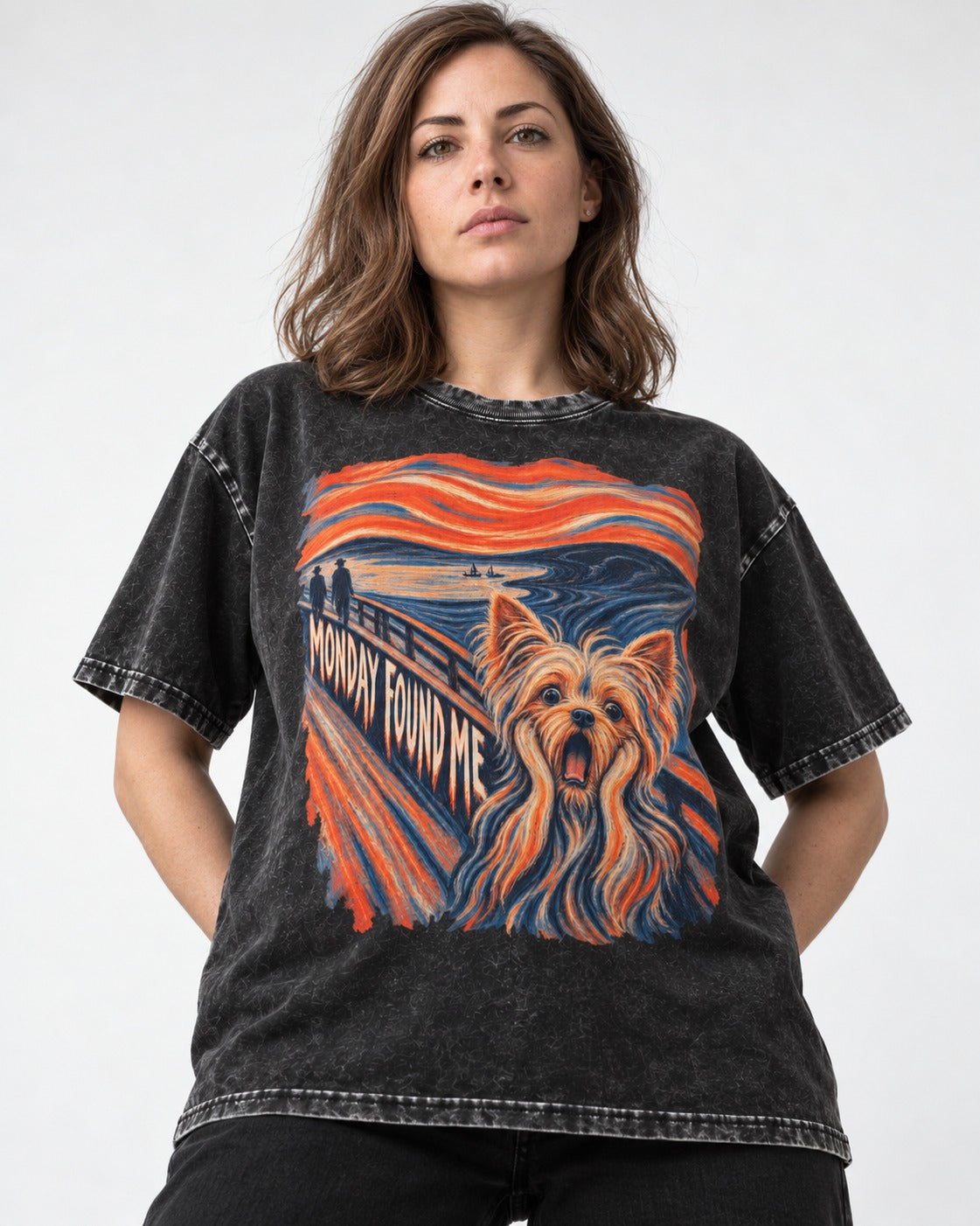 Yorkshire Terrier Monday Found Me Scream Parody Graphic Washed Tee in Black, worn by a model