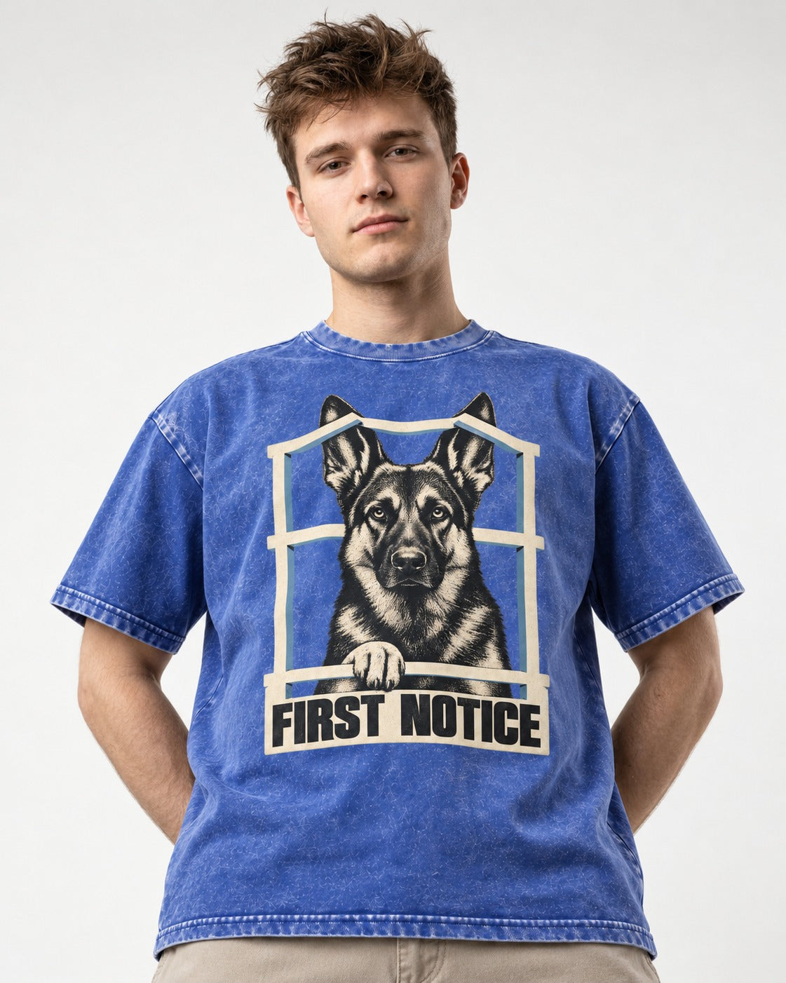 First Notice Window German Shepherd Dog Graphic Washed Tee in Royal Blue, worn by a model