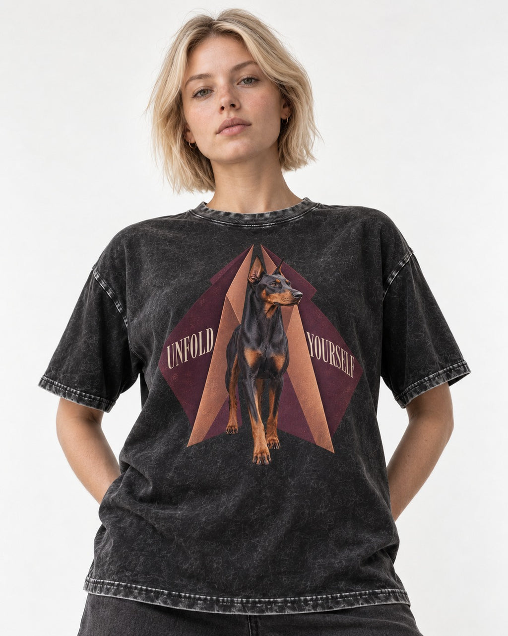 Doberman Unfold Yourself Geometric Portrait Graphic Washed Tee in Black, worn by a model