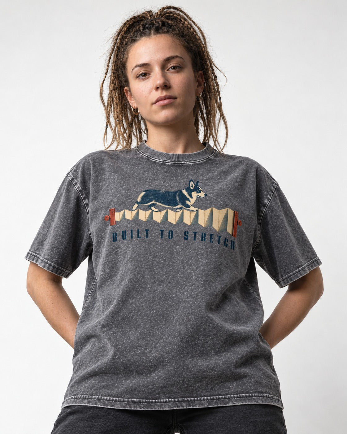 Corgi Built to Stretch Accordion Graphic Washed Tee in Gray, worn by a model