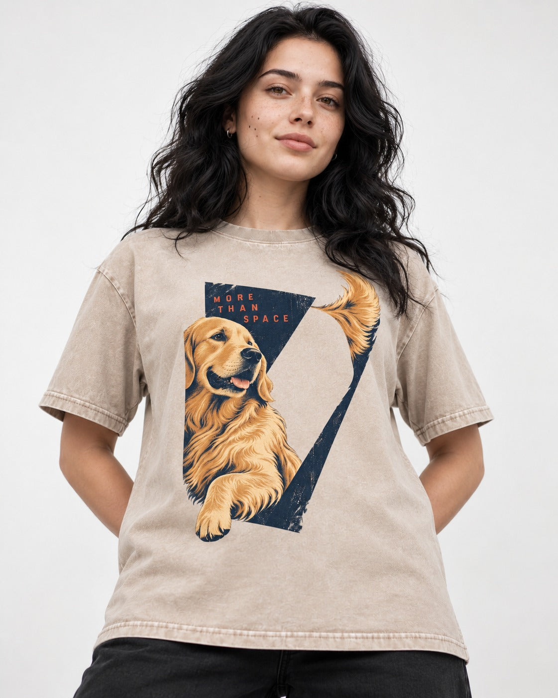 Golden Retriever More Than Space Washed Tee in Apricot, worn by a model
