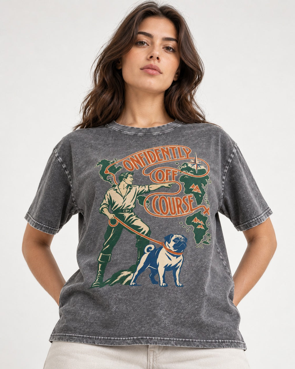 Pug Confidently Off Course Washed Tee in Gray, worn by a model