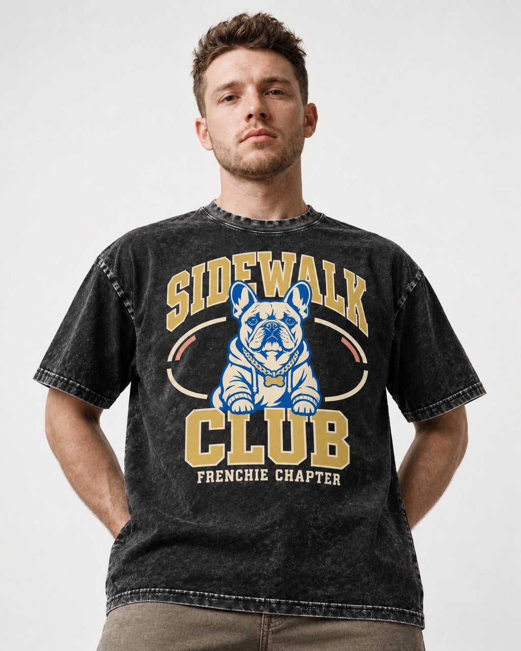 Frenchie Sidewalk Club Chapter Graphic Washed Tee in Black, worn by a model