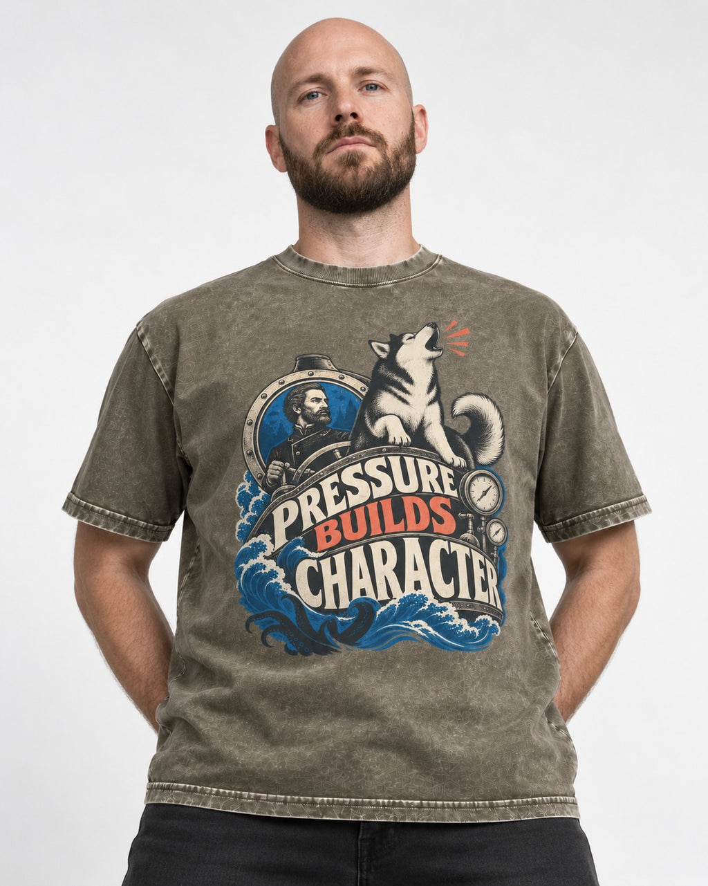Husky Pressure Builds Character Deep Sea Graphic Washed Tee in Army Green, worn by a model