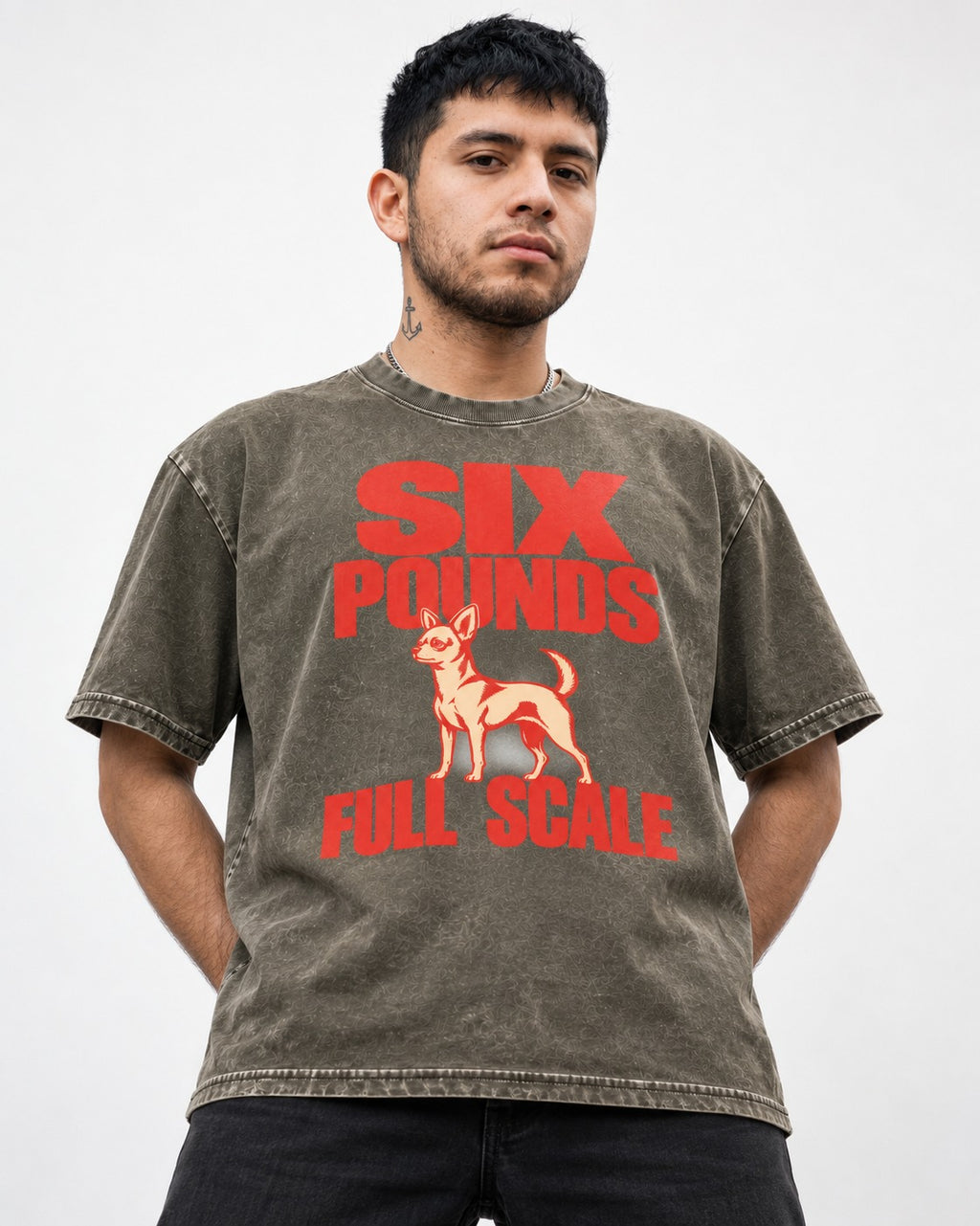Chihuahua Six Pounds Full Scale Typographic Graphic Washed Tee in Army Green, worn by a model