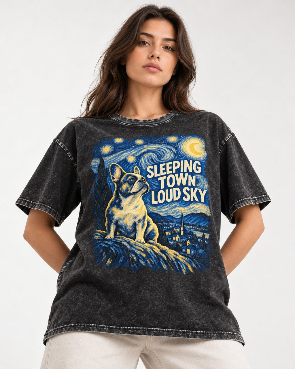 Frenchie Sleeping Town Loud Sky Graphic Washed Tee in Black, worn by a model