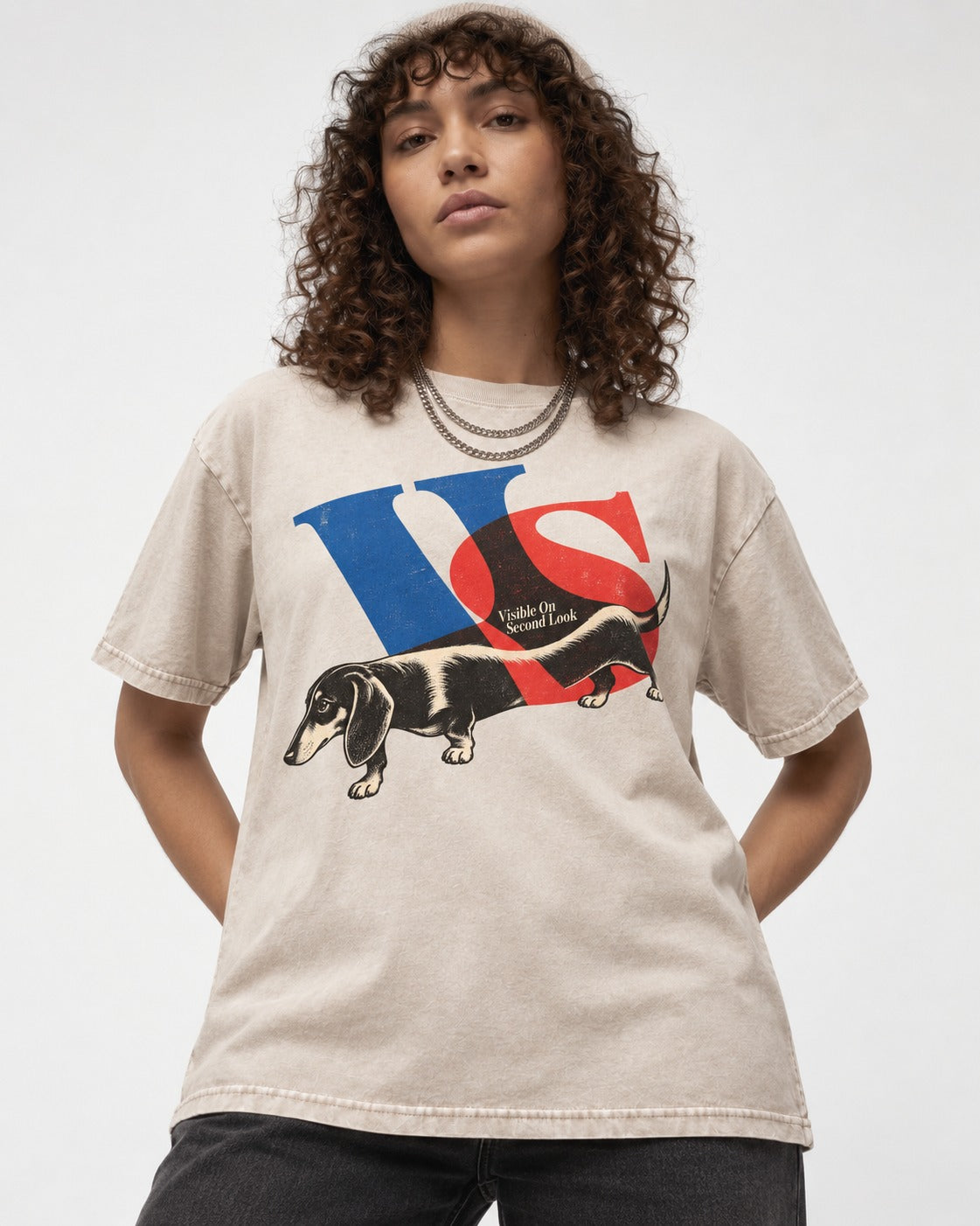 Dachshund VS Visible On Second Look Graphic Washed Tee in Apricot, worn by a model
