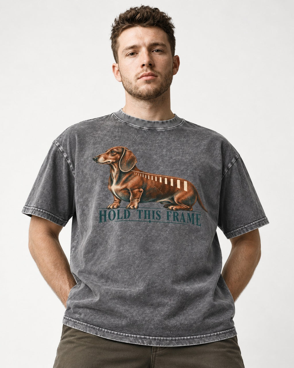 Dachshund Hold This Frame Washed Tee in Gray, worn by a model