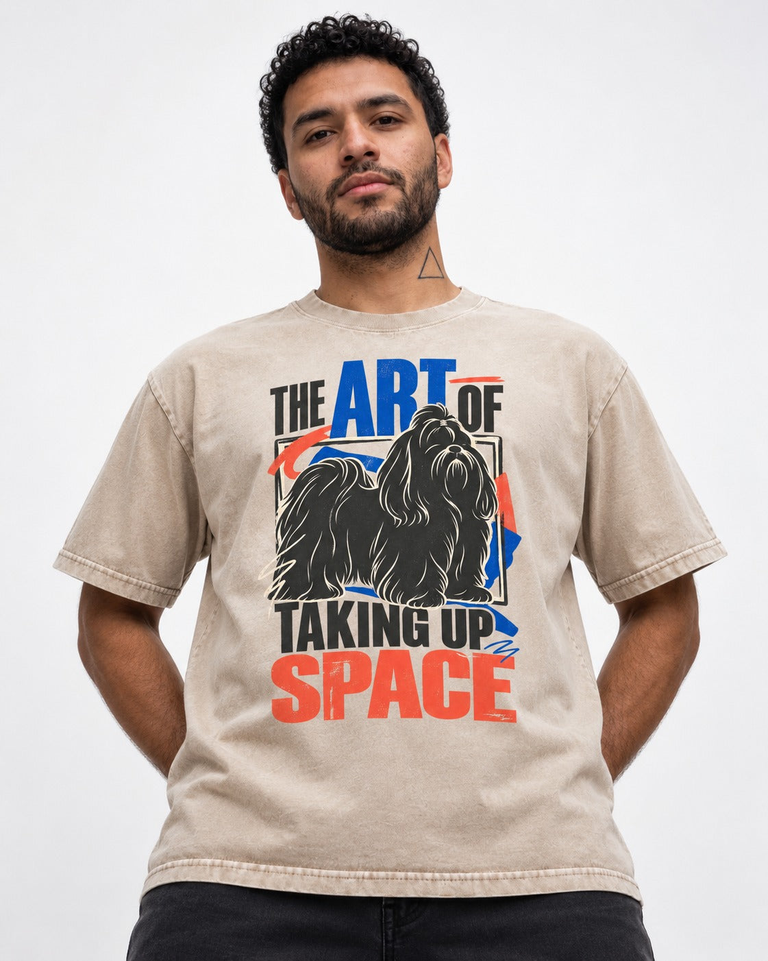 Shih Tzu Taking Up Space Washed Tee in Apricot, worn by a model