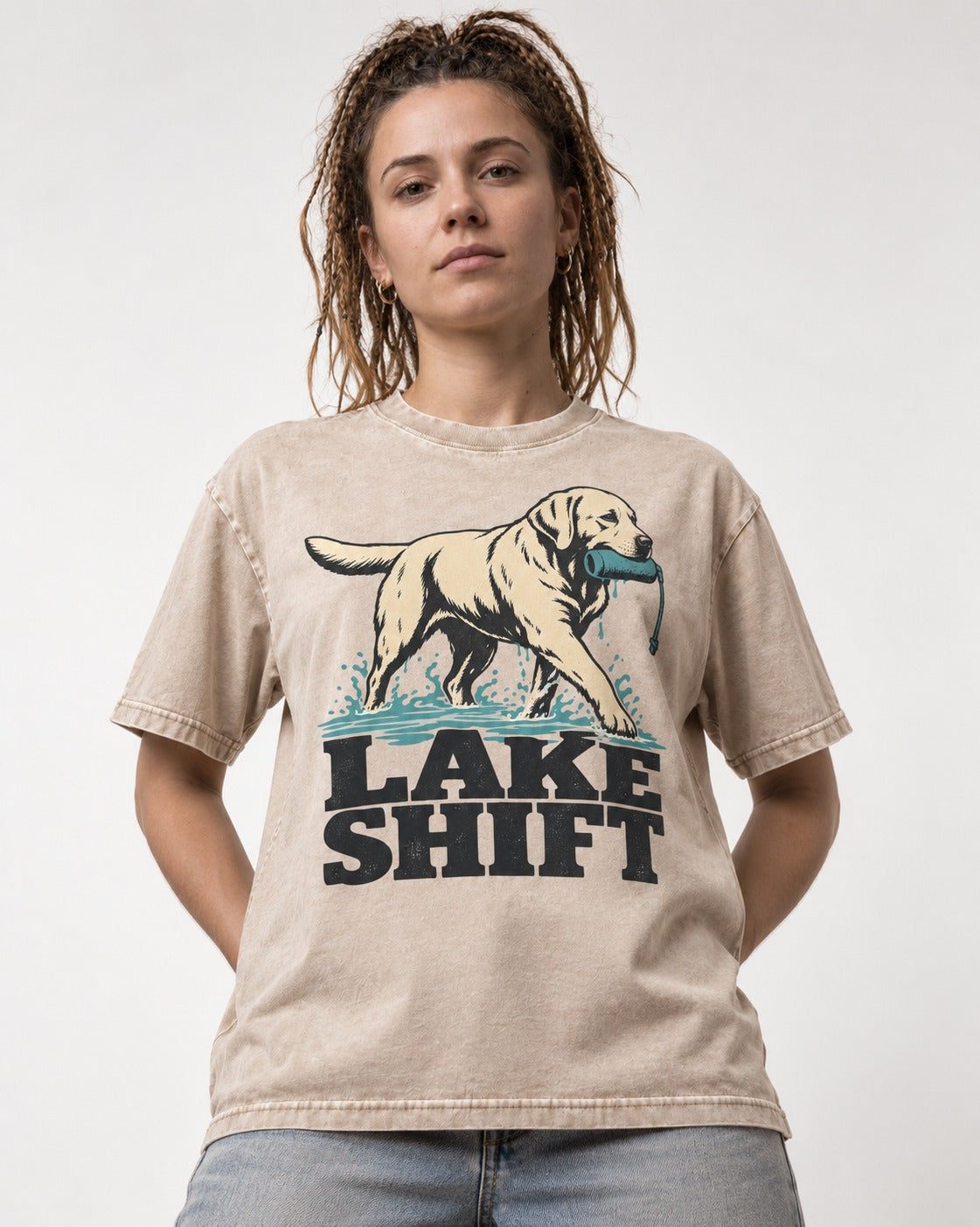Lake Shift Labrador Retriever Washed Tee in Apricot, worn by a model