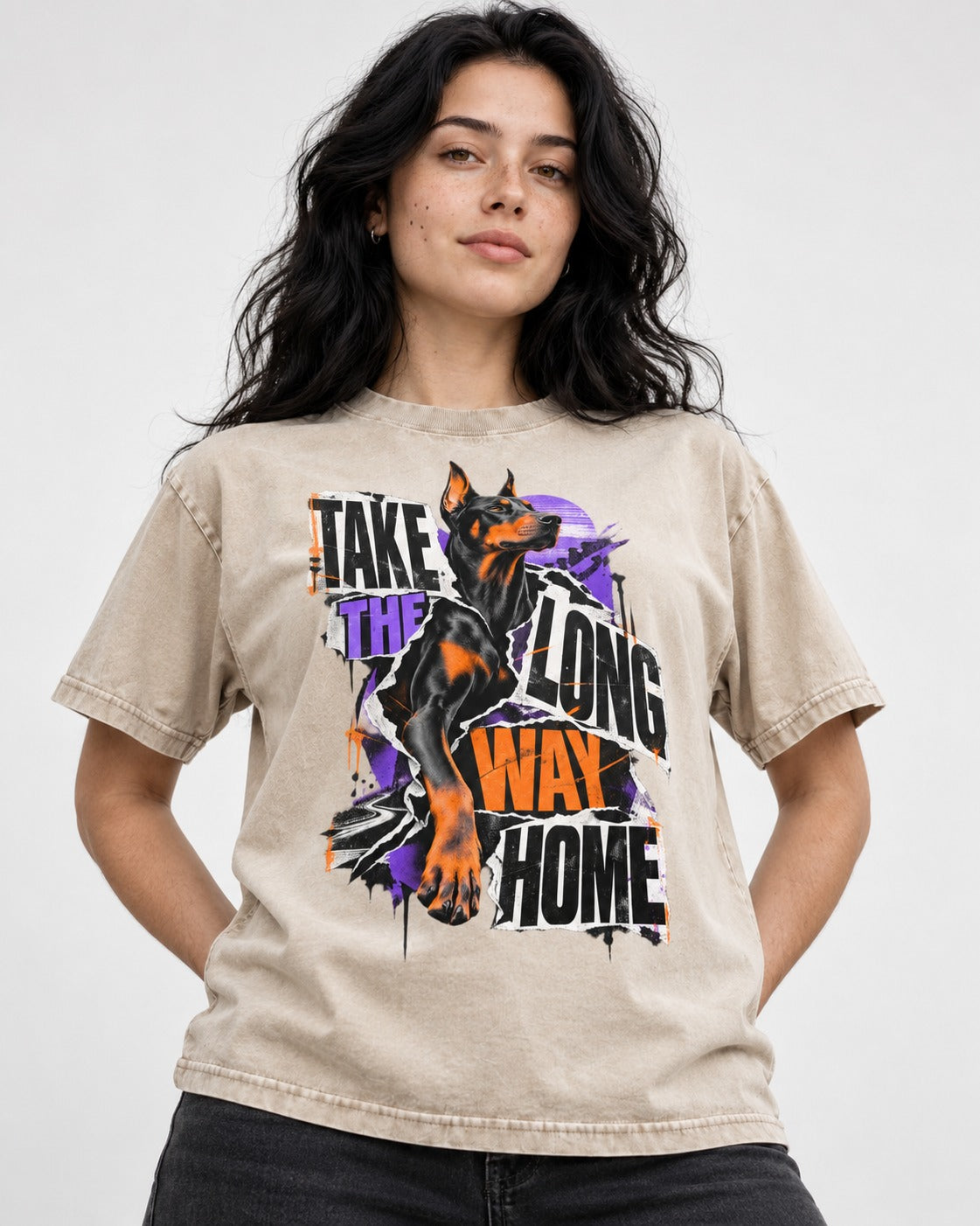 Doberman Long Way Home Washed Tee in Apricot, worn by a model