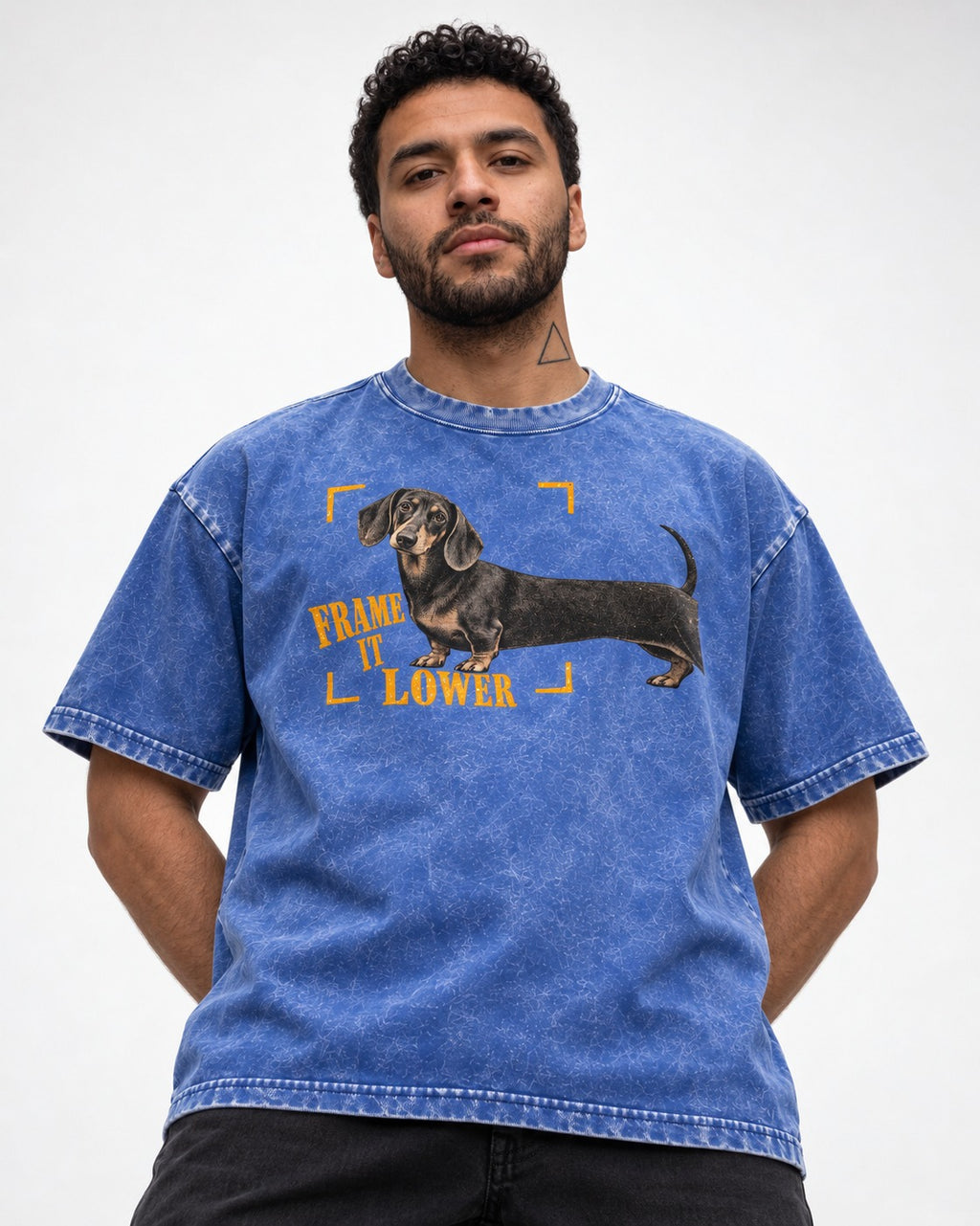 Dachshund Frame It Lower Viewfinder Graphic Washed Tee in Royal Blue, worn by a model