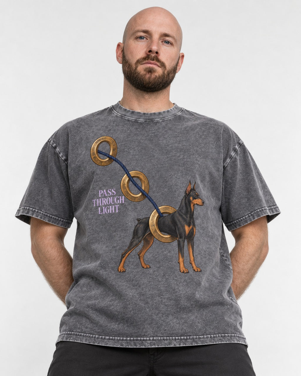 Doberman Pass Through Light Ring Graphic Washed Tee in Gray, worn by a model