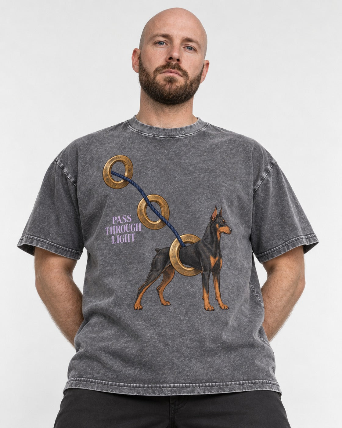 Doberman Pass Through Light Ring Graphic Washed Tee in Gray, worn by a model
