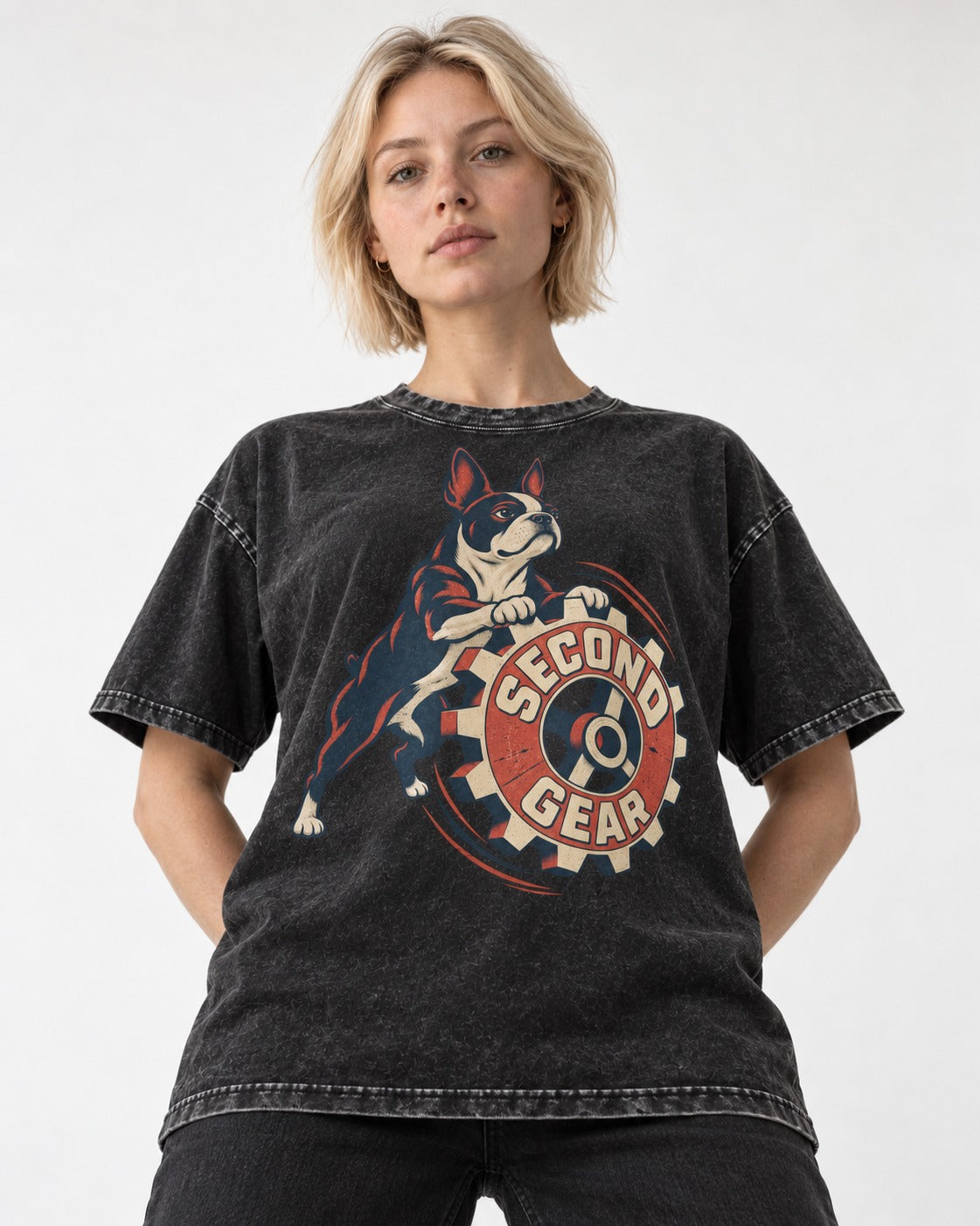 Second Gear Boston Terrier Graphic Washed Tee in Black, worn by a model