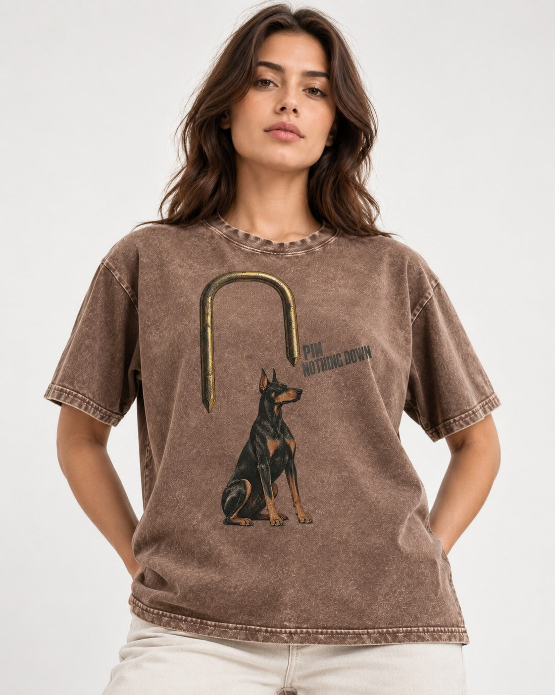 Nothing Pins Doberman Down Washed Tee in Coffee, worn by a model