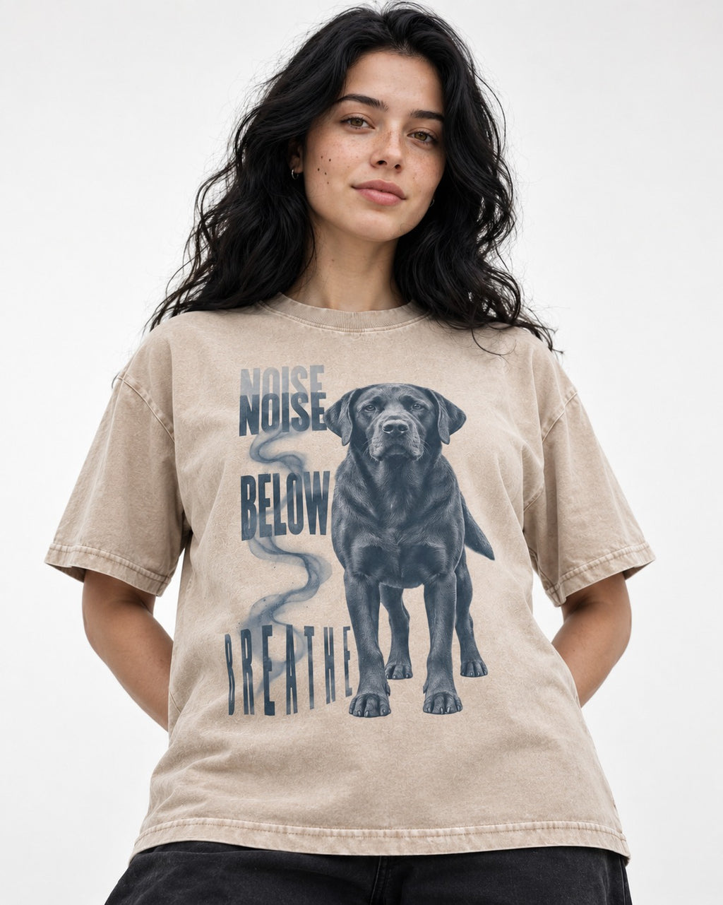 Labrador Retriever Breathe Below the Noise Washed Tee in Apricot, worn by a model