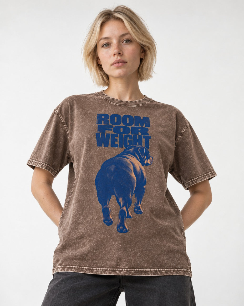 Room for Weight Rottweiler Washed Tee in Coffee, worn by a model