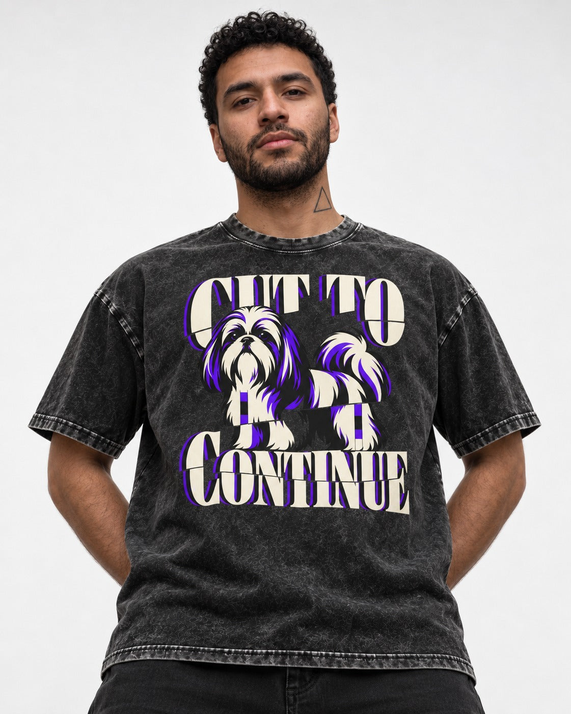 Shih Tzu Cut to Continue Dimensional Typography Graphic Washed Tee in Black, worn by a model