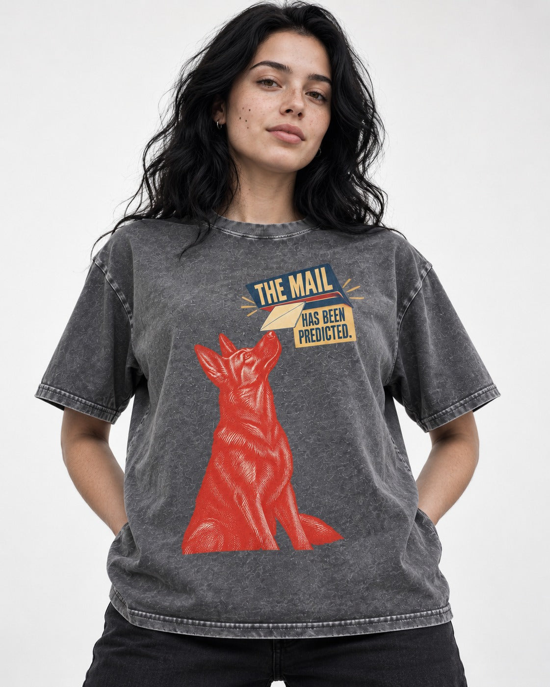 German Shepherd Dog Mail Predicted Graphic Washed Tee in Gray, worn by a model