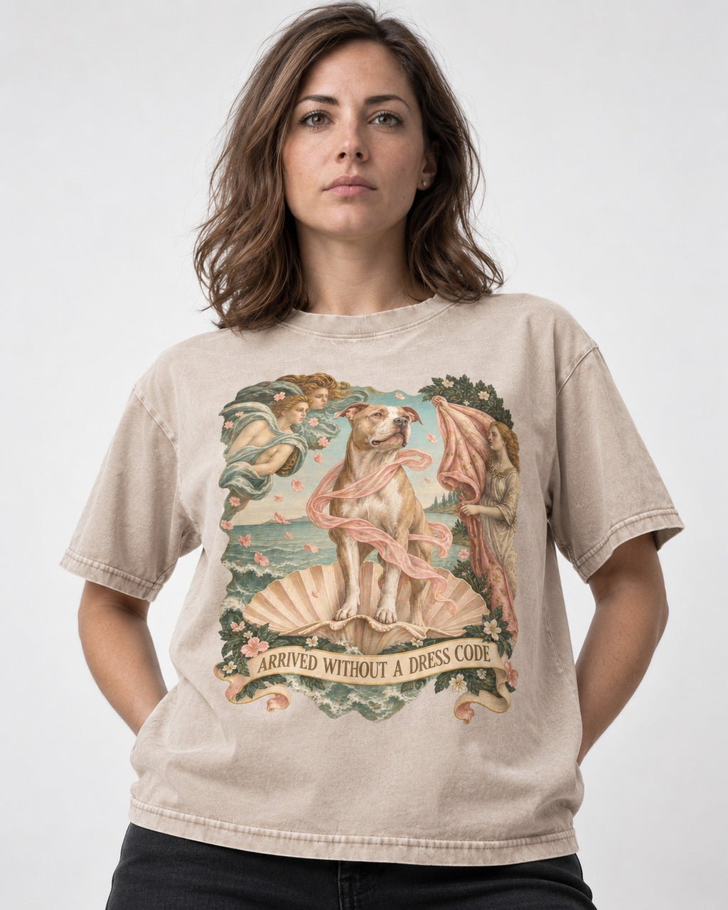 Pitbull Arrived Without a Dress Code Venus Parody Graphic Washed Tee in Apricot, worn by a model