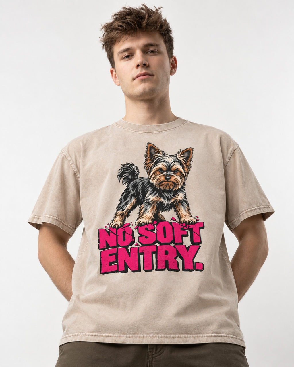Yorkshire Terrier No Soft Entry Stance Graphic Washed Tee in Apricot, worn by a model