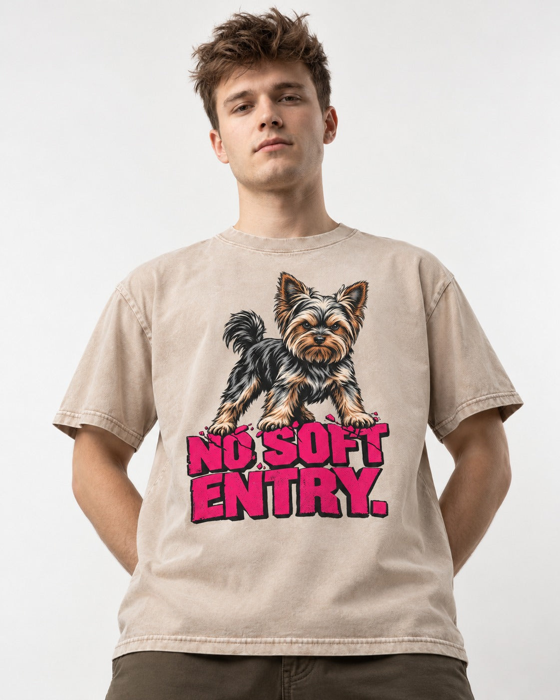 Yorkshire Terrier No Soft Entry Stance Graphic Washed Tee in Apricot, worn by a model
