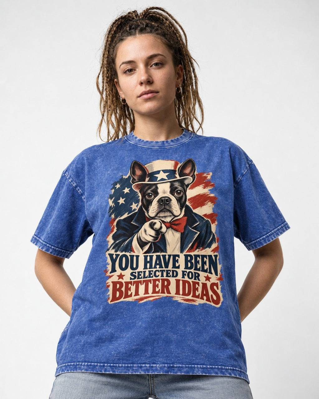 You Have Been Selected for Better Ideas Boston Terrier Washed Tee in Royal Blue, worn by a model