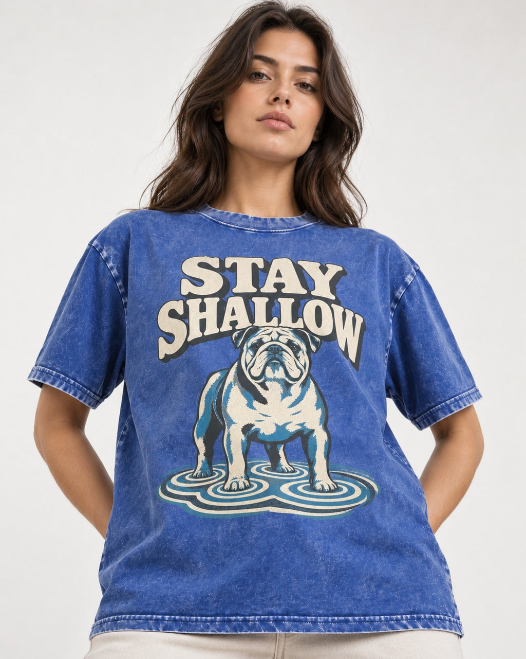 English Bulldog Stay Shallow Ripple Graphic Washed Tee in Royal Blue, worn by a model