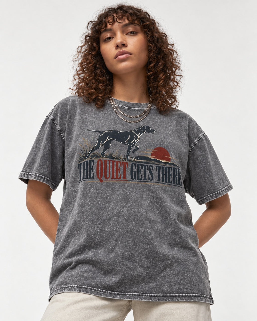 The Quiet Gets There German Shorthaired Pointer Washed Tee in Gray, worn by a model