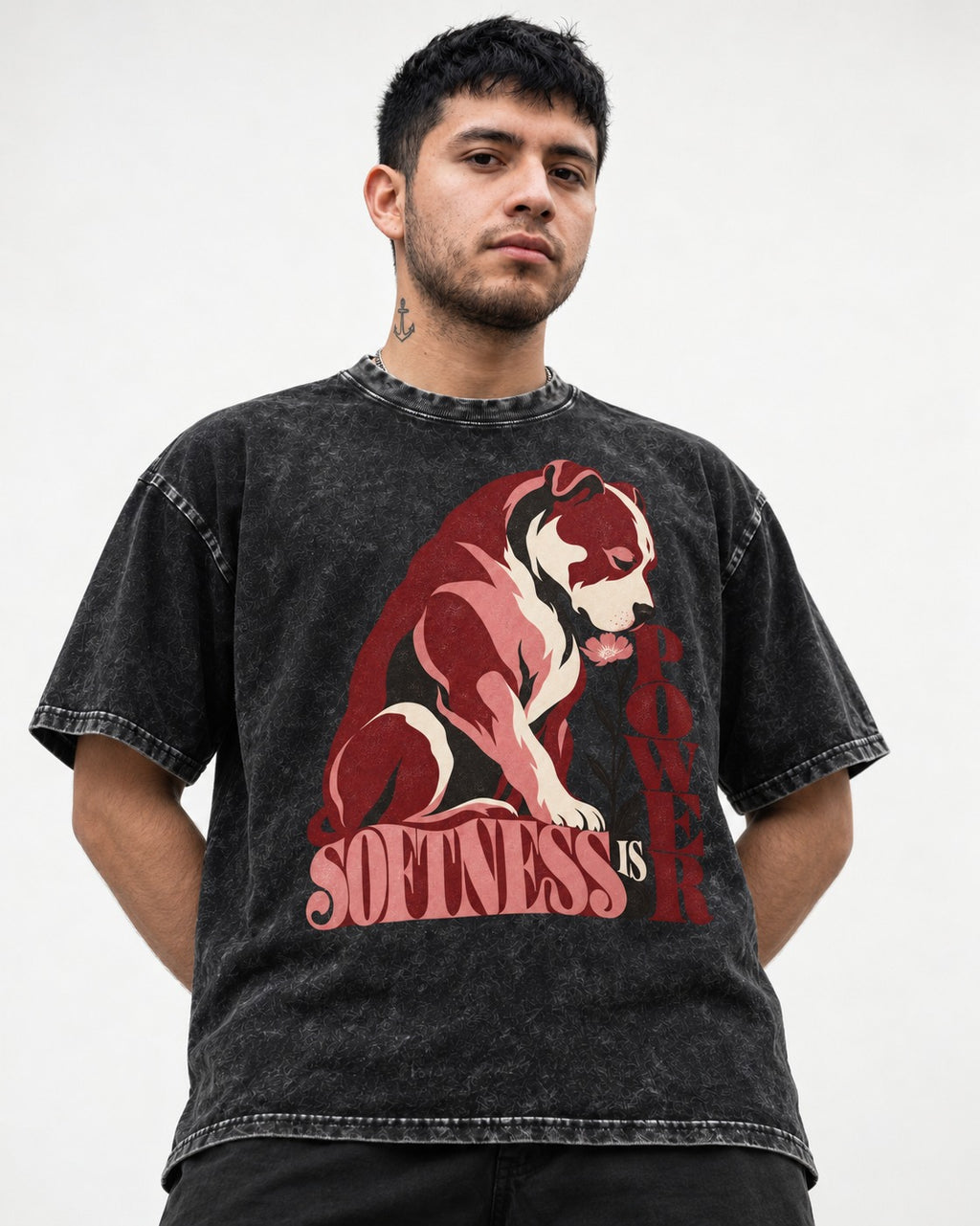 Pitbull Softness Is Power Flower Graphic Washed Tee in Black, worn by a model