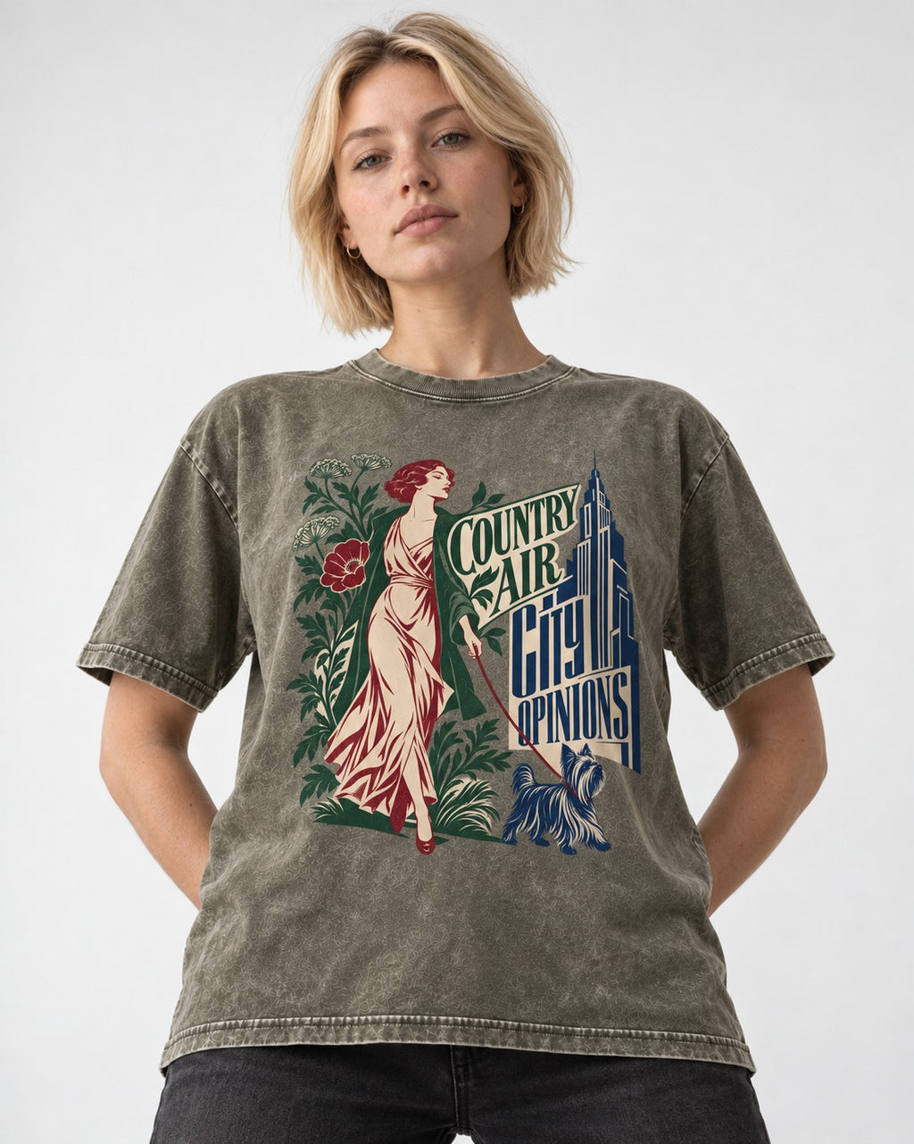 Yorkshire Terrier Country Air City Opinions Botanical Graphic Washed Tee in Army Green, worn by a model