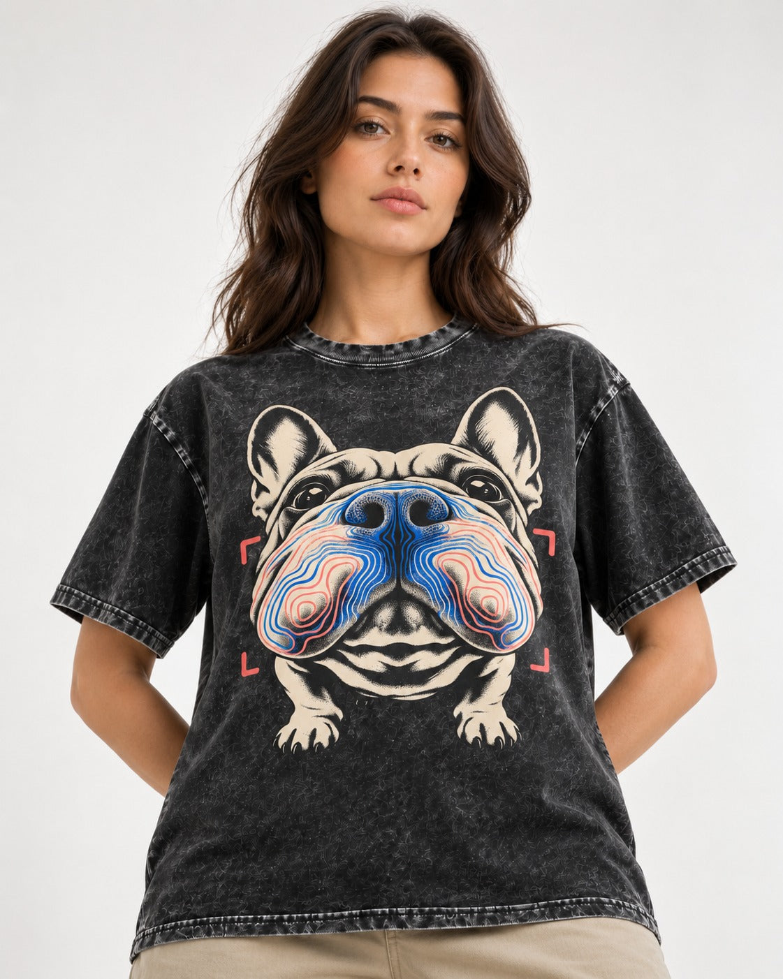 Frenchie Nose Topography Graphic Washed Tee in Black, worn by a model
