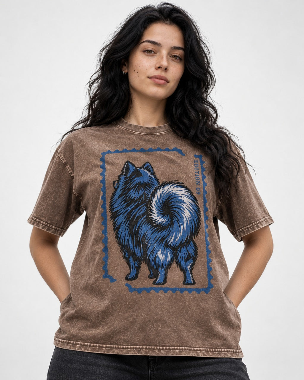 Pomeranian Pride Washed Tee in Coffee, worn by a model