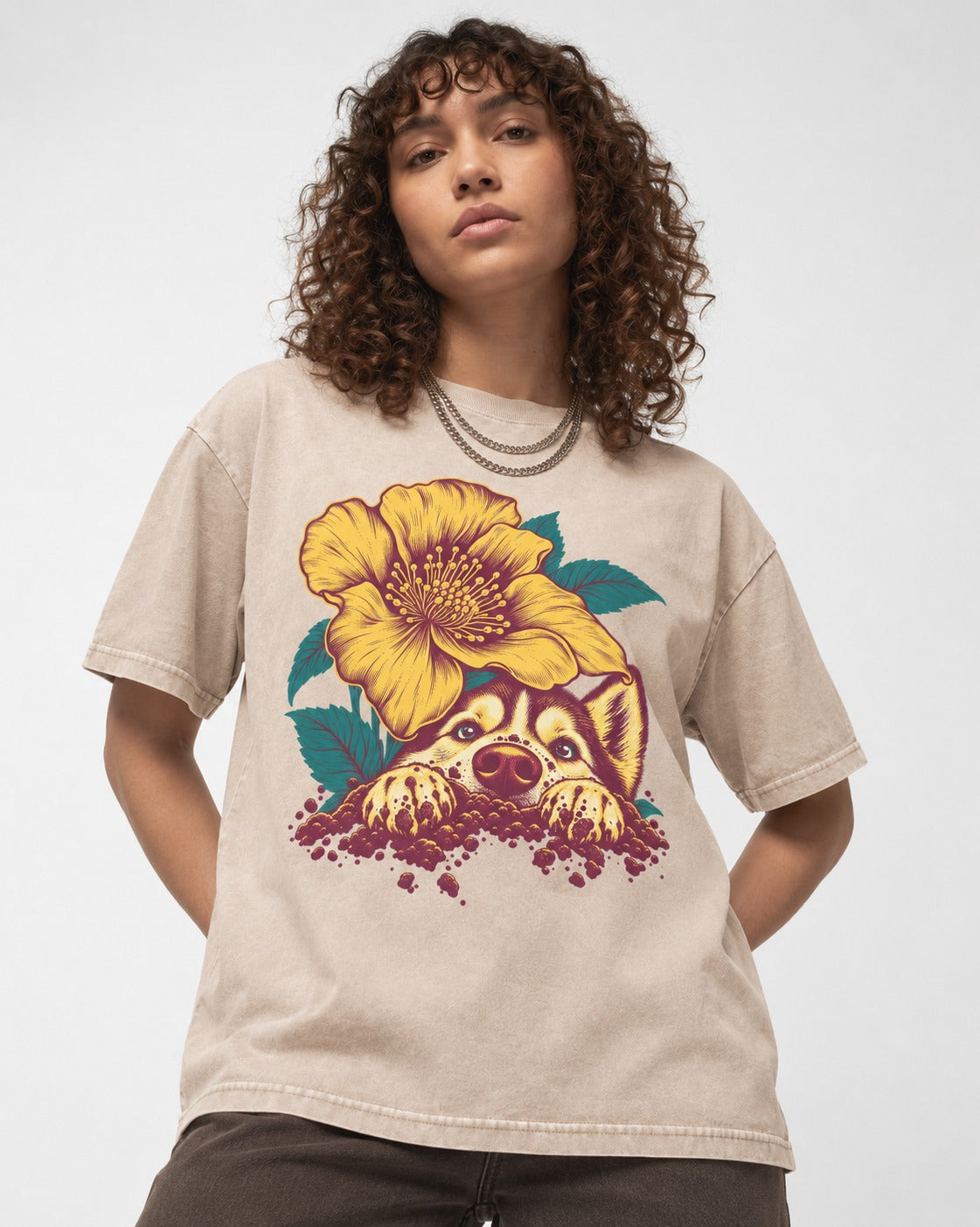 Husky Flower Witness Peeking Floral Graphic Washed Tee in Apricot, worn by a model