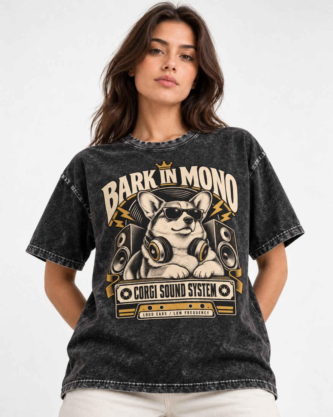 Corgi Bark in Mono Sound System Washed Tee in Black, worn by a model