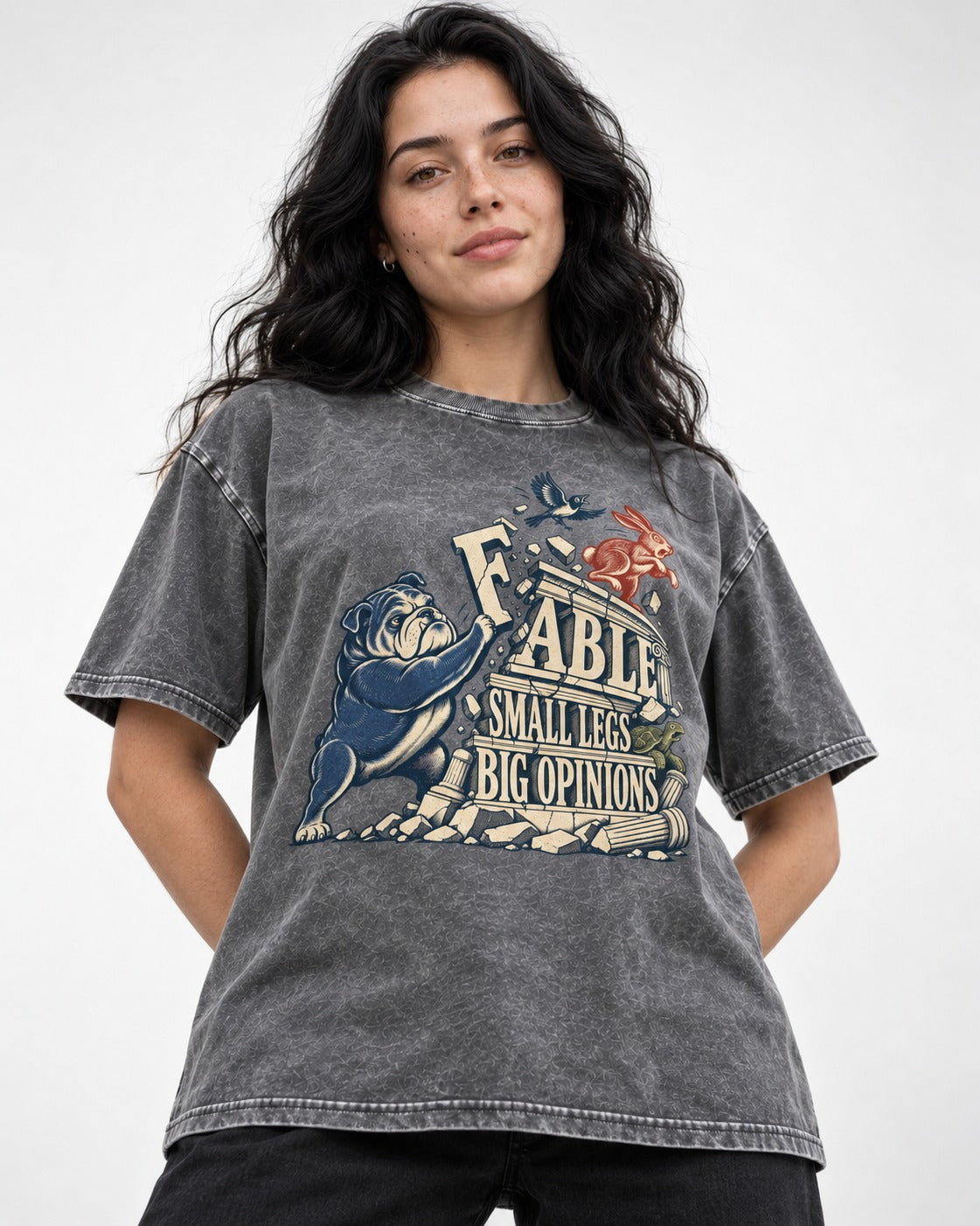 Small Legs Big Opinions English Bulldog Washed Tee in Gray, worn by a model