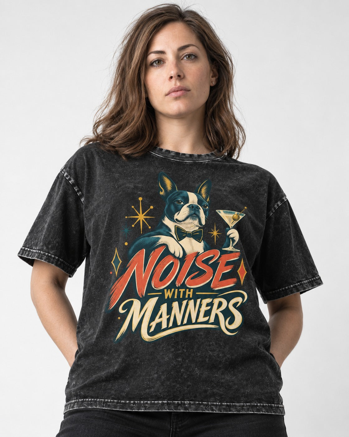 Boston Terrier Noise With Manners Cocktail Graphic Washed Tee in Black, worn by a model