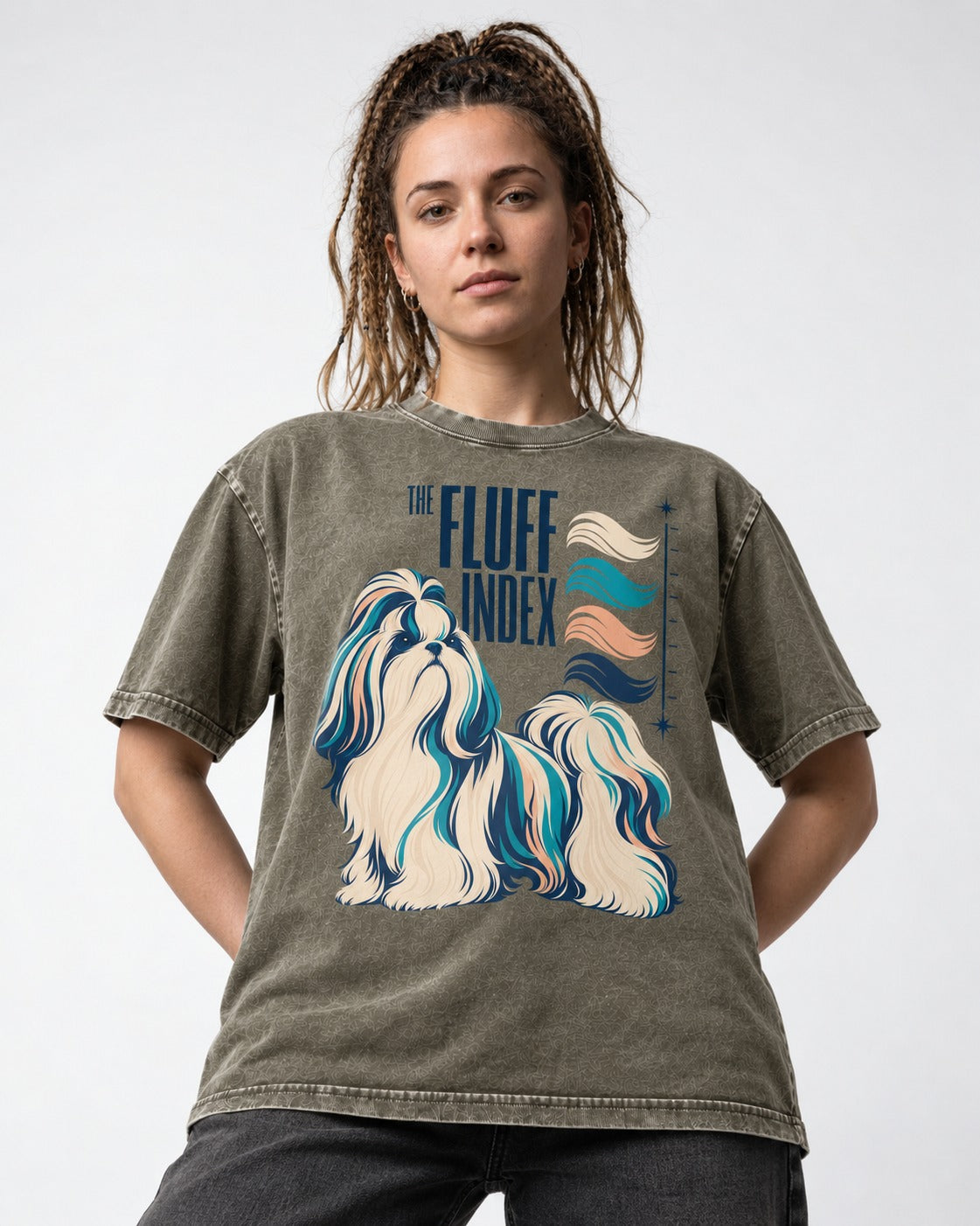 Shih Tzu The Fluff Index Coat Color Chart Graphic Washed Tee in Army Green, worn by a model