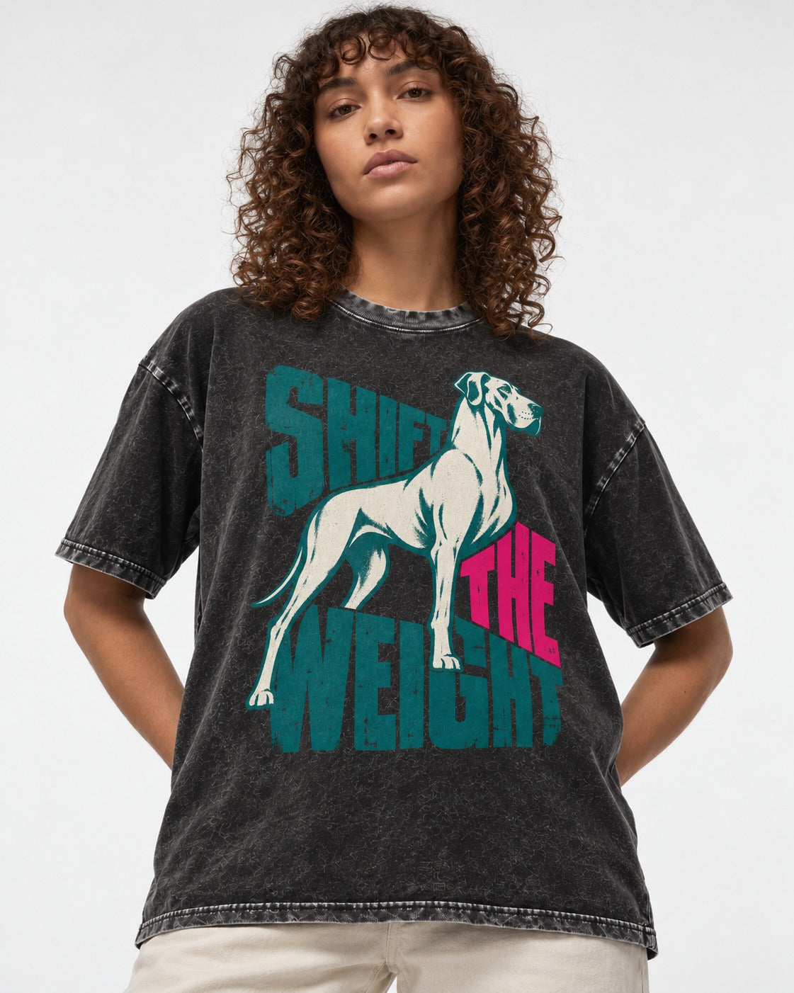 Great Dane Shift the Weight Standing Graphic Washed Tee in Black, worn by a model