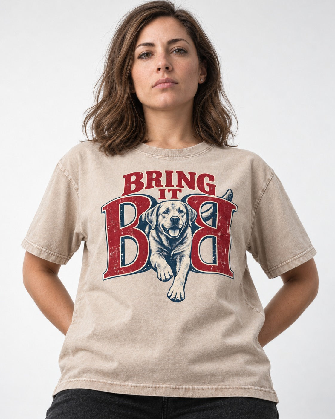 Labrador Retriever Bring It Opposing B Portrait Graphic Washed Tee in Apricot, worn by a model
