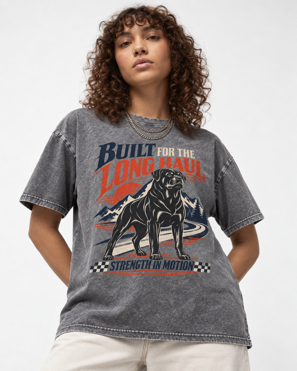 Built for the Long Haul Rottweiler Strength in Motion Washed Tee in Gray, worn by a model