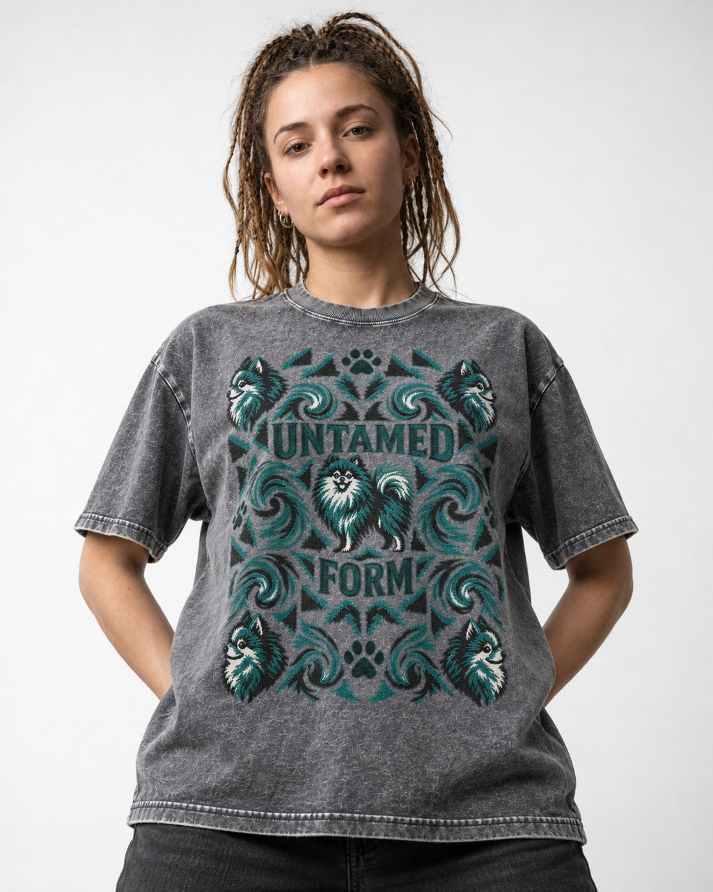 Pomeranian Untamed Form Washed Tee in Gray, worn by a model