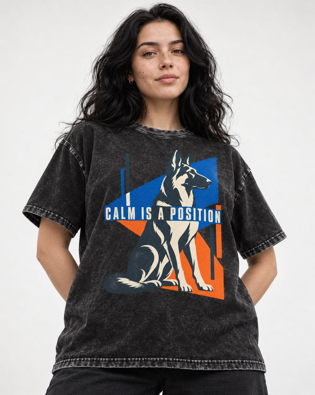 Calm Is A Position Geometric German Shepherd Dog Graphic Washed Tee in Black, worn by a model