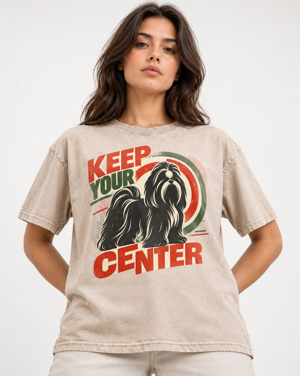 Shih Tzu Keep Your Center Retro Target Graphic Washed Tee in Apricot, worn by a model